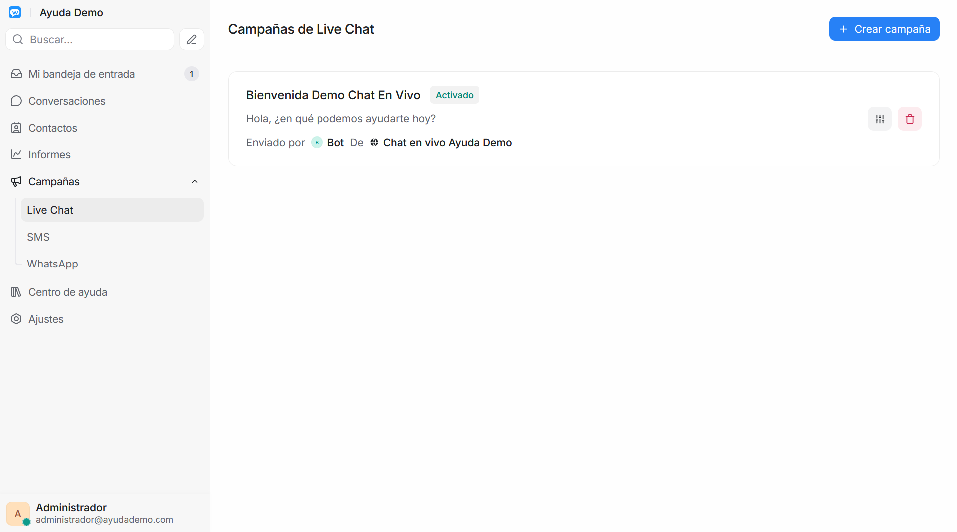 Lista de campañas Live Chat
