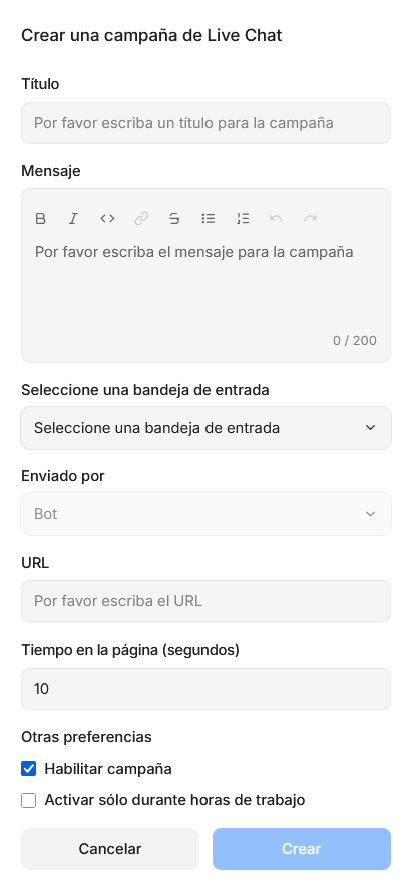 Formulario de campaña Live Chat