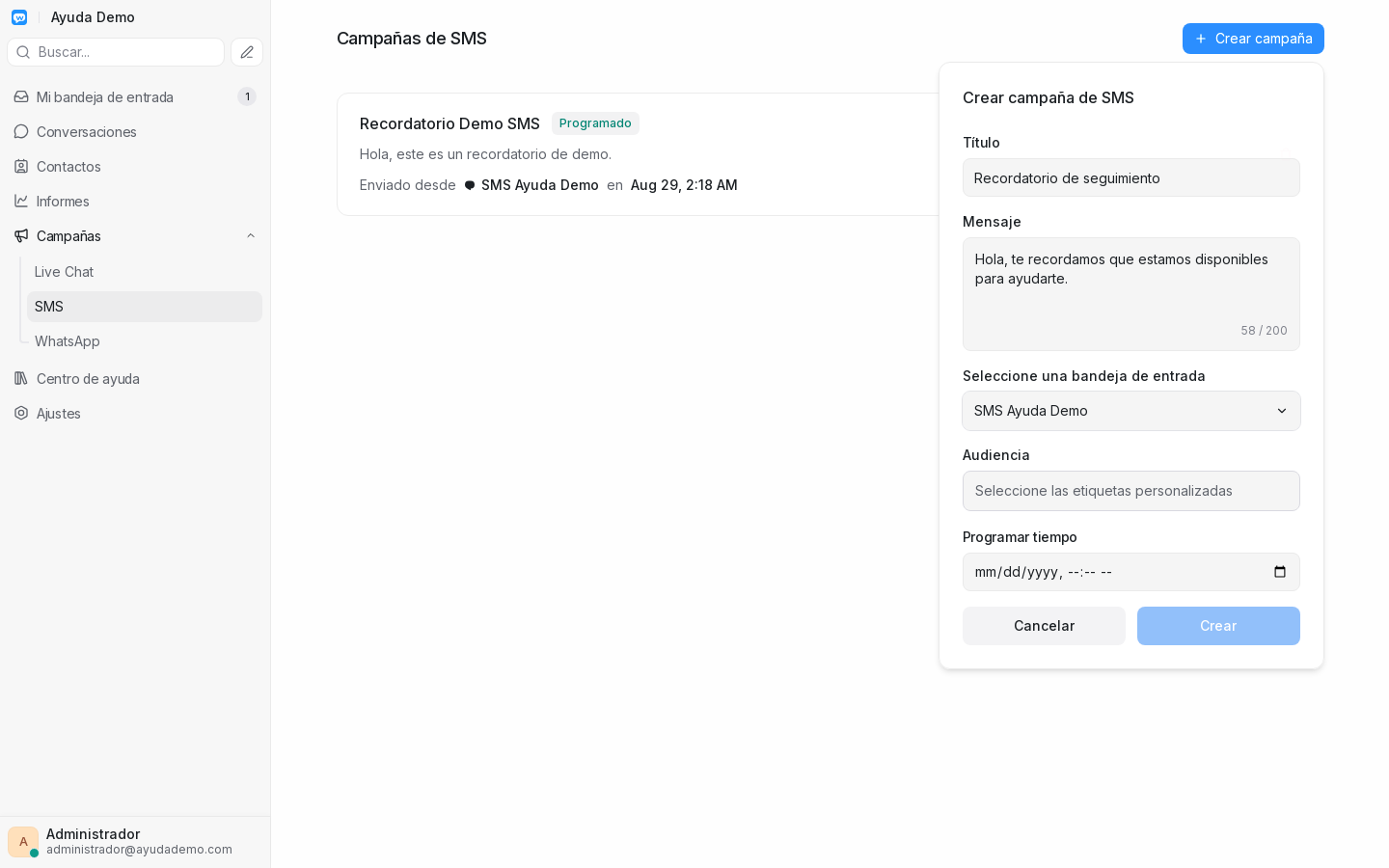 Formulario de campaña SMS