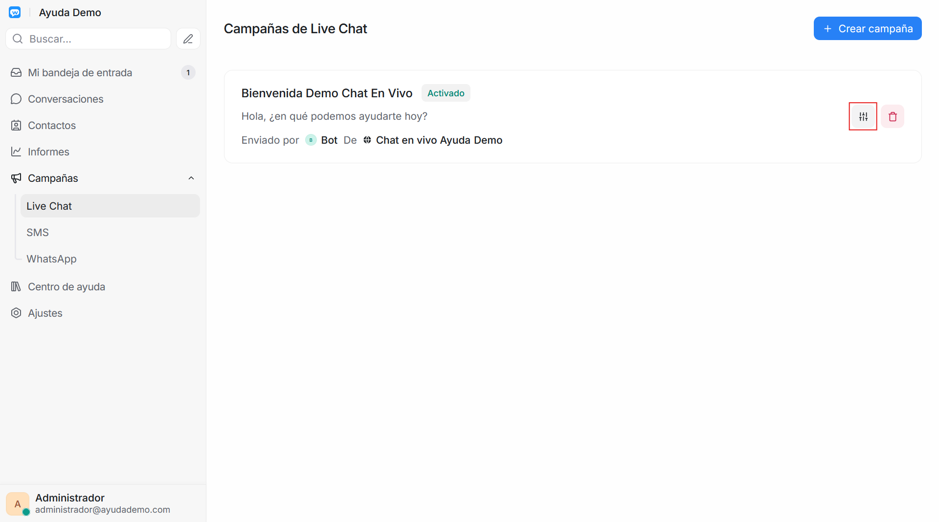 Tarjeta de campaña Live Chat con estado Activado