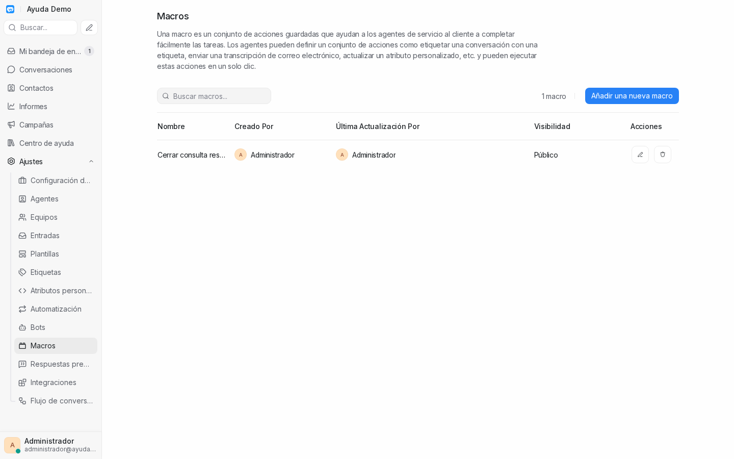 Lista de macros en Ajustes