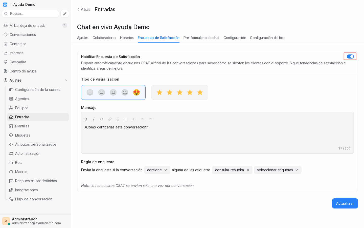 CSAT habilitado en bandeja de chat en vivo