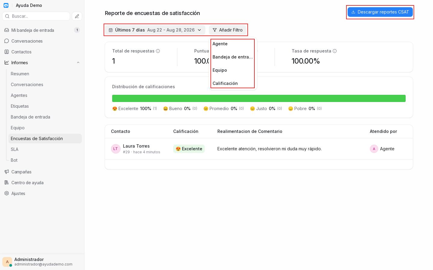 Filtros del reporte CSAT