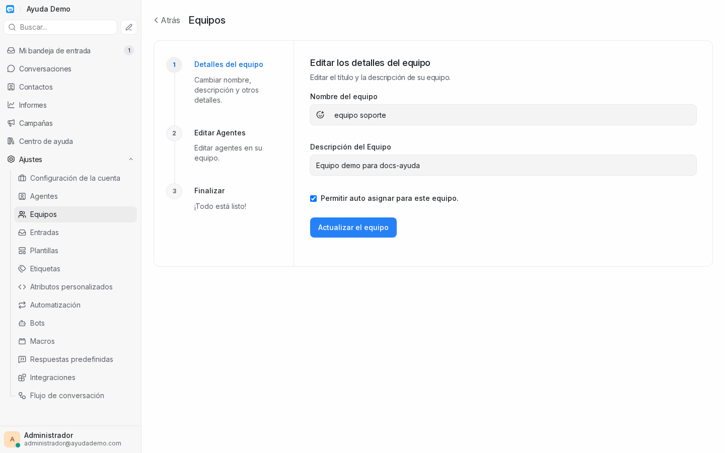 Auto-asignación activada en equipo soporte
