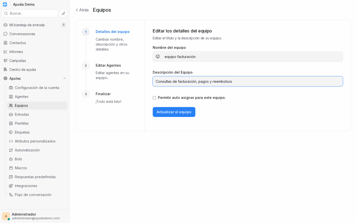 Editar detalles de equipo facturación