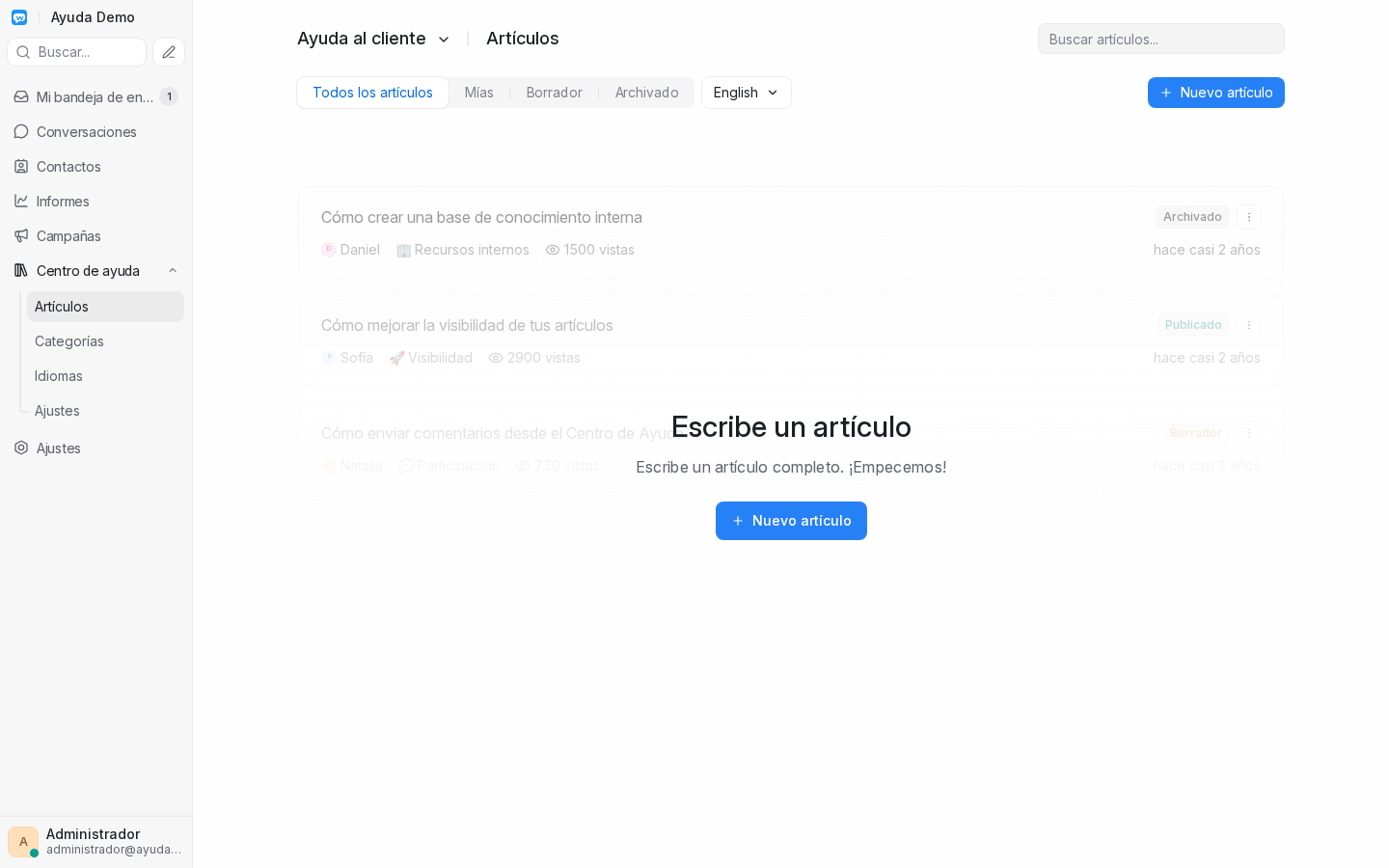 Portal creado, lista de artículos vacía