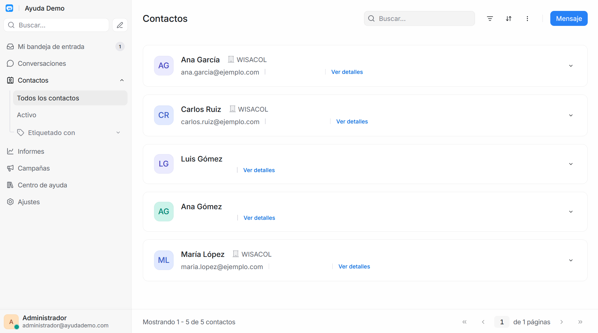 Contactos importados en la lista