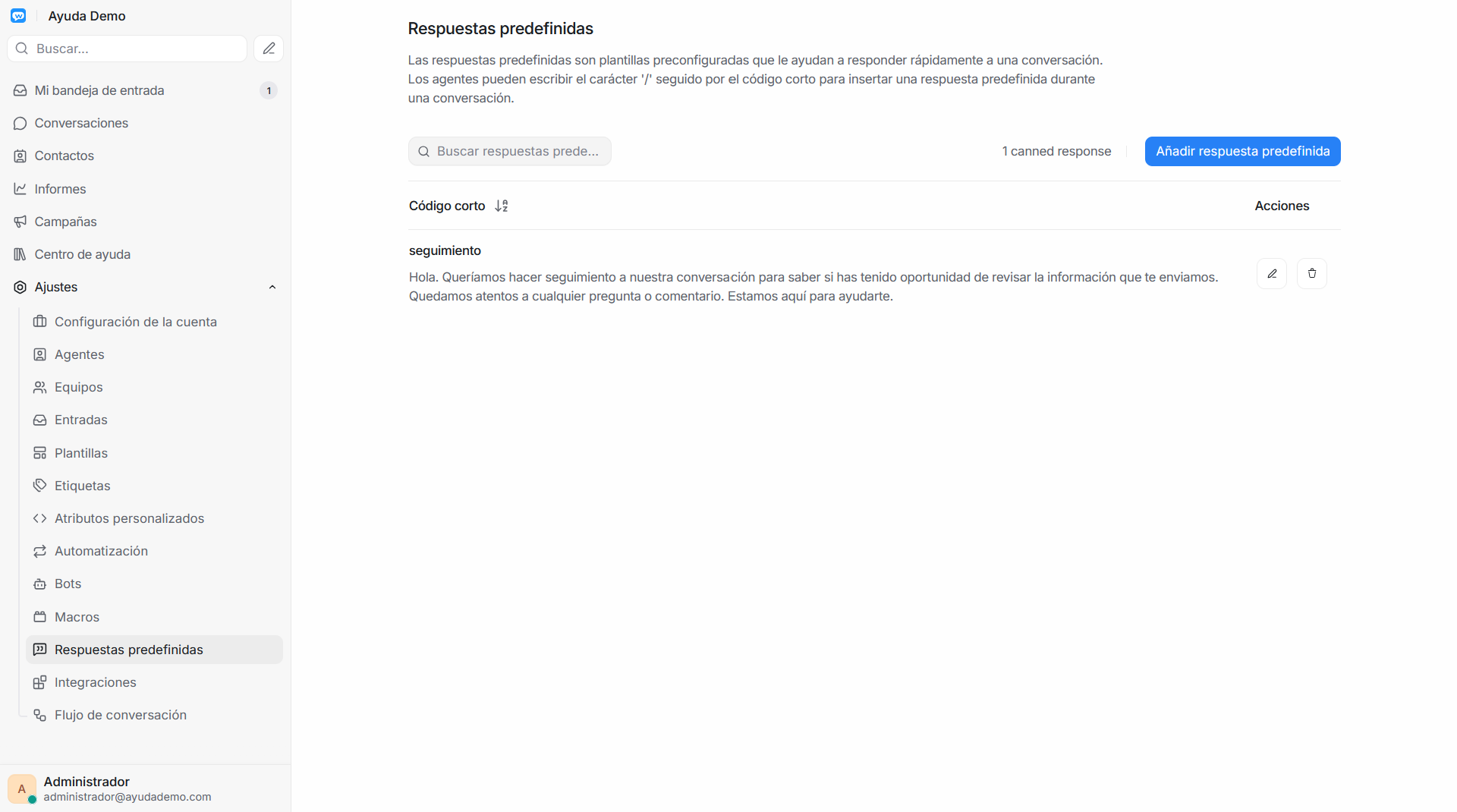 Lista con respuesta y acciones de editar o eliminar