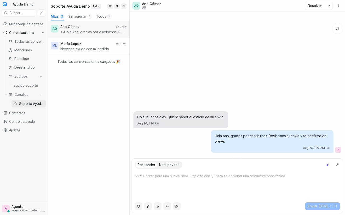 Vista de la conversación con mensaje enviado