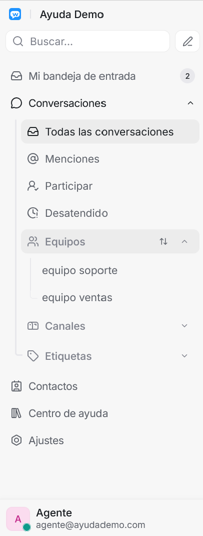 Sidebar con la sección Equipos desplegada