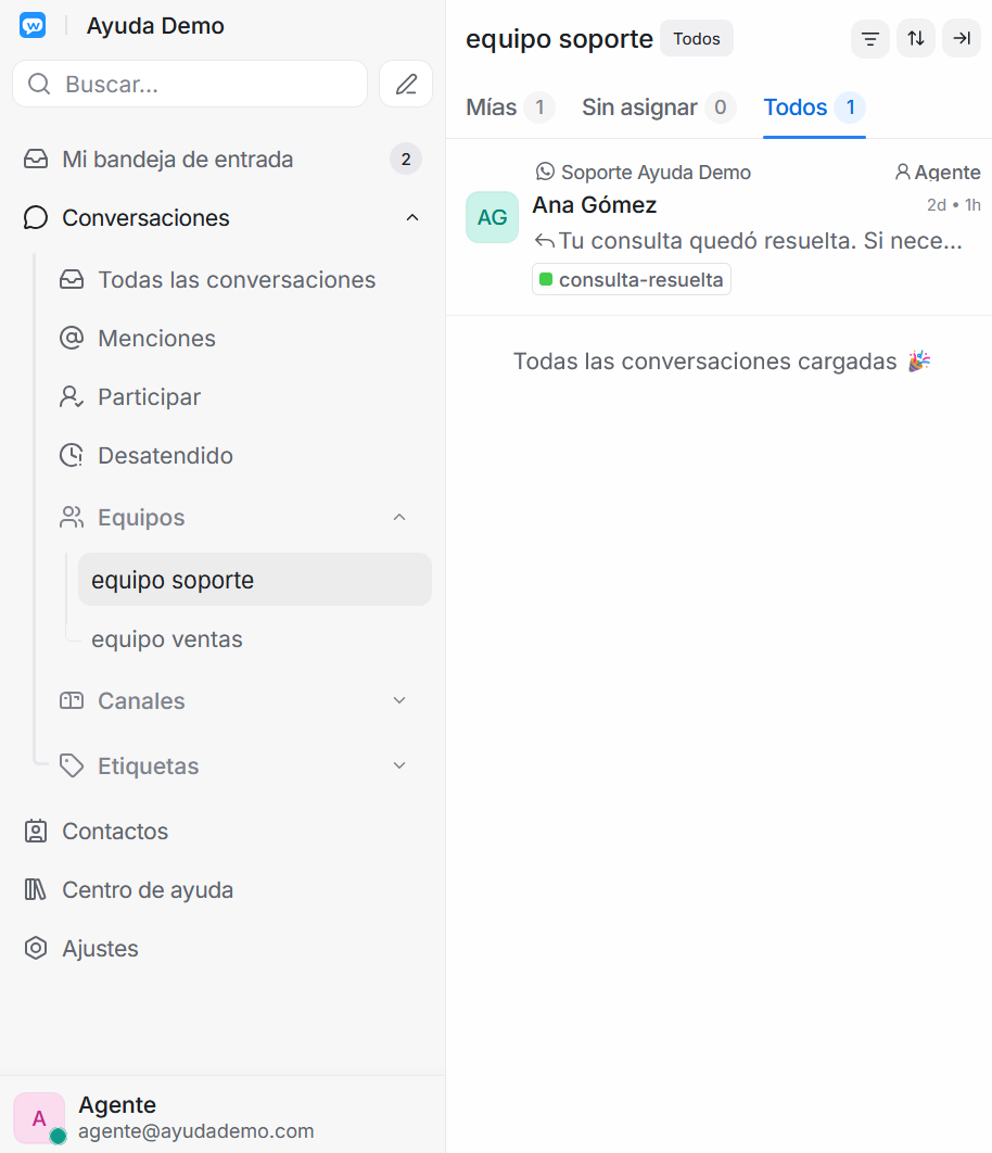 Conversaciones de equipo soporte con Ana Gómez