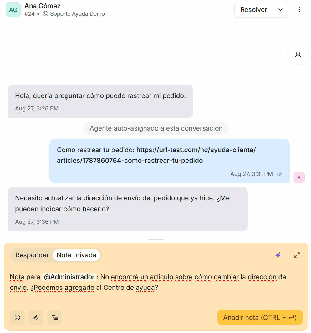 Nota privada sugiriendo un artículo nuevo
