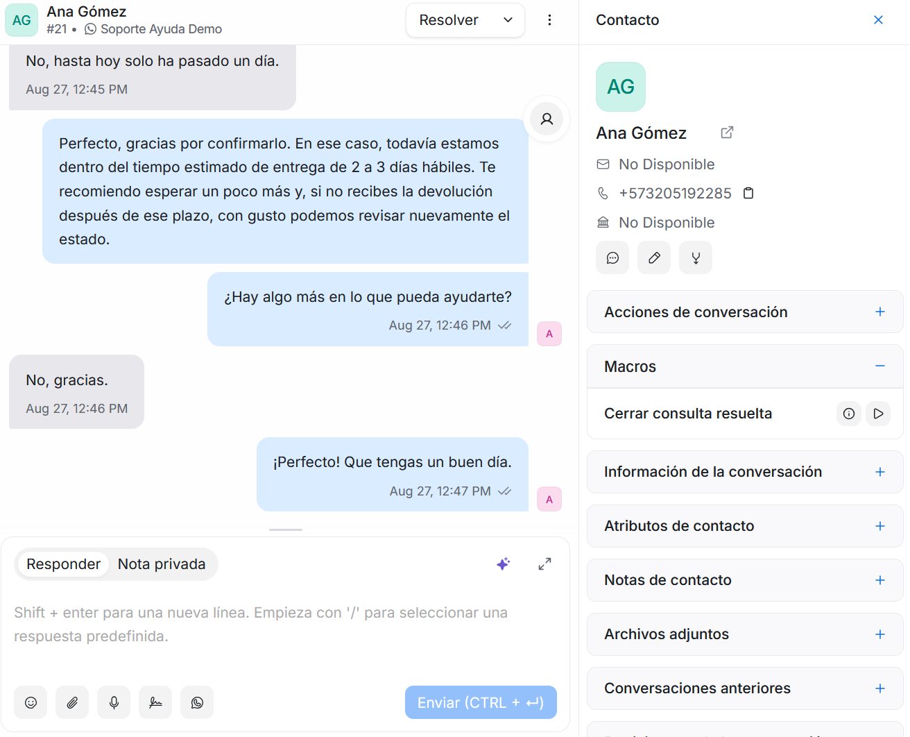 Lista de macros en el panel Contacto