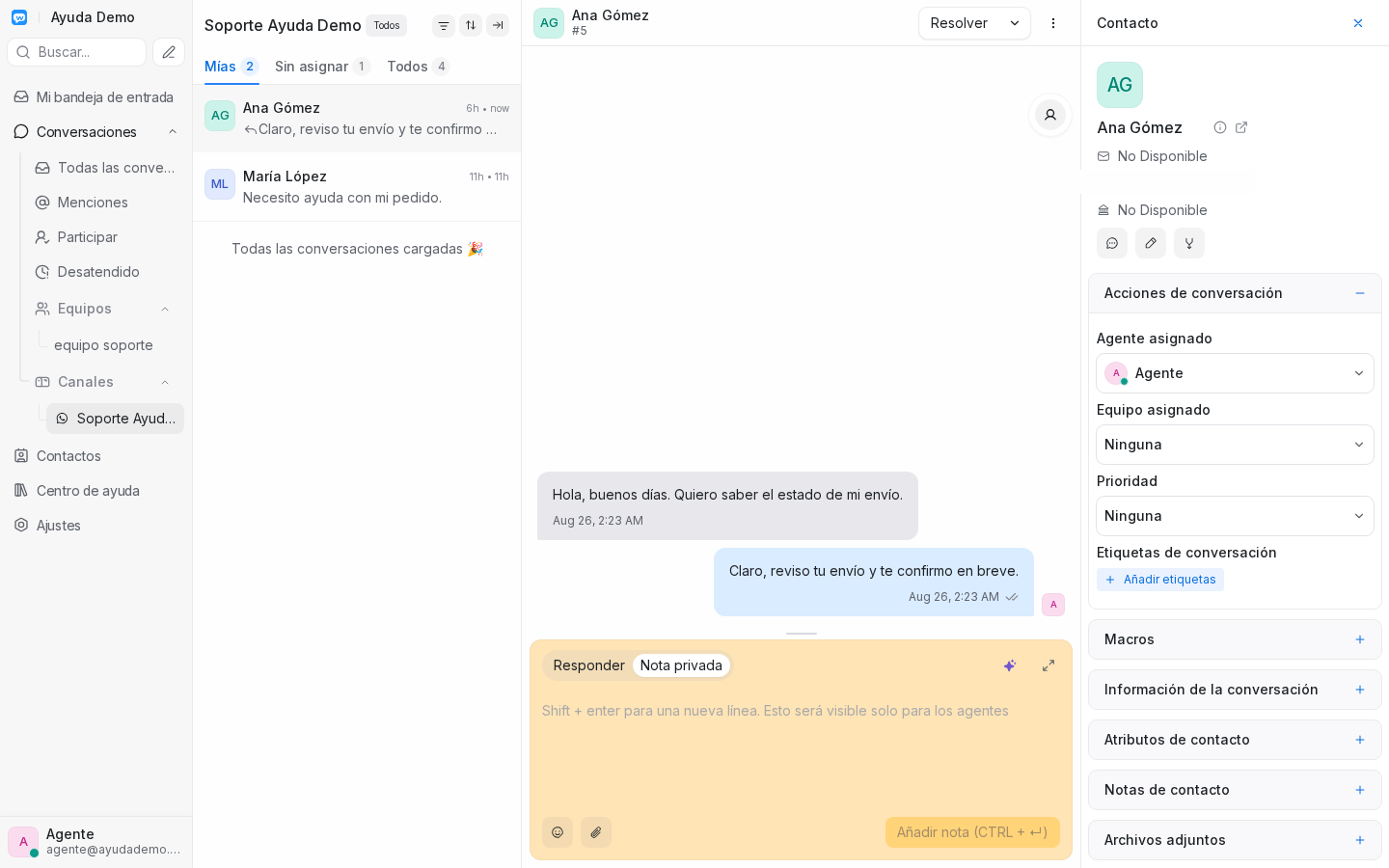 Cuadro de mensaje en Nota privada