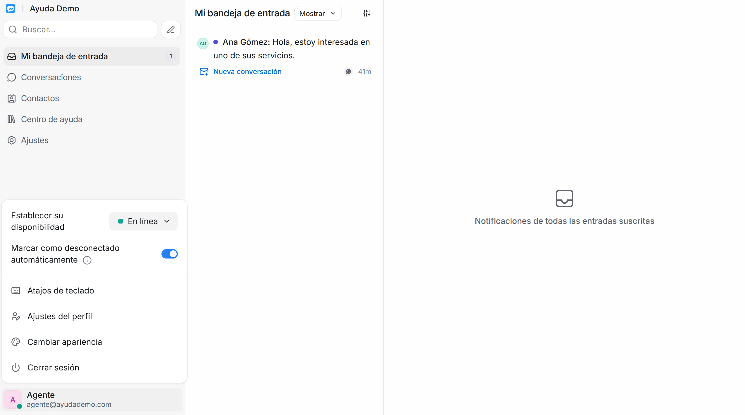 Menú de perfil con Ajustes del perfil