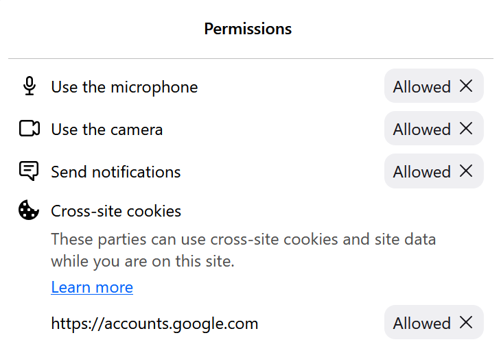 Panel de permisos del navegador con notificaciones permitidas