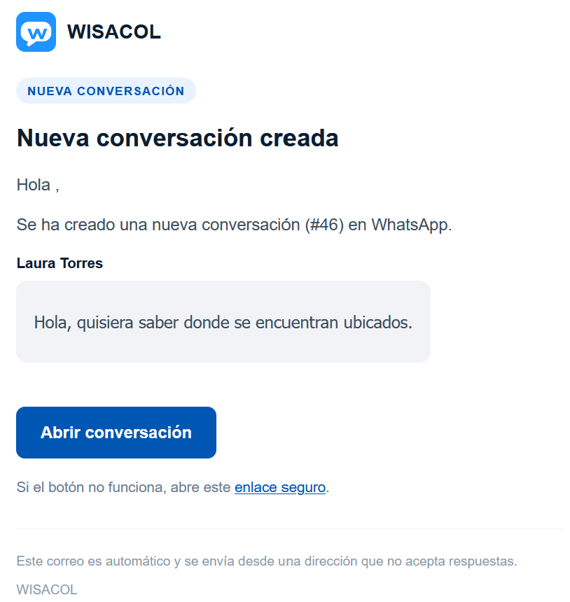 Ejemplo de correo de notificación WISACOL