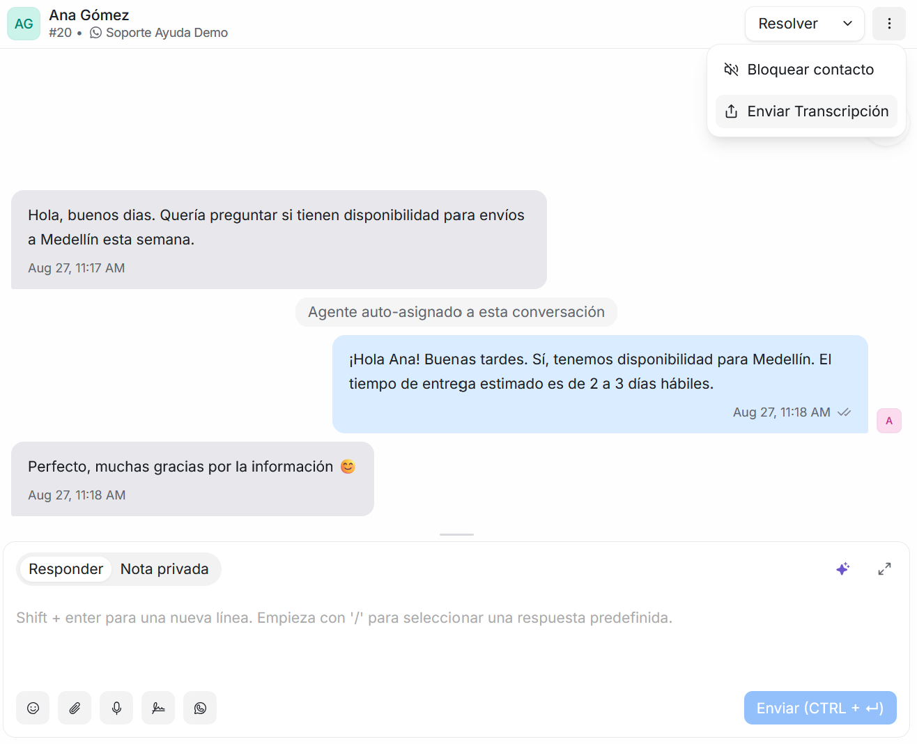 Menú con Enviar Transcripción